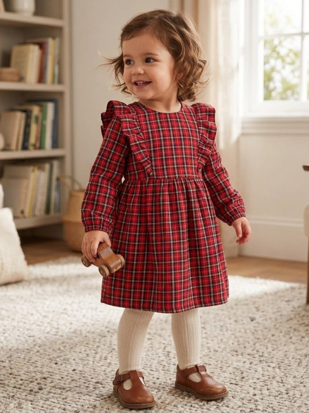 NEW Old Navy Long Sleeve Fit & Flare Ruffle-Trim Plaid Seersucker Holiday Dress
